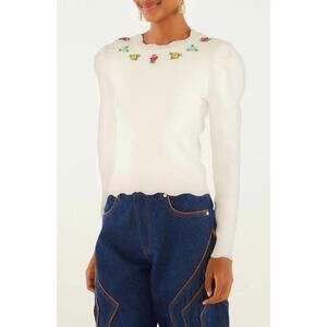 New FARM Rio Flower Embroidered Sweater In Off-White Size M $198